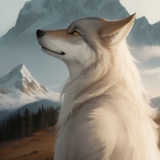A wolf,Extremely realistic,long - haired,stand,person,In the mountains,clarity,Hair is distinct,