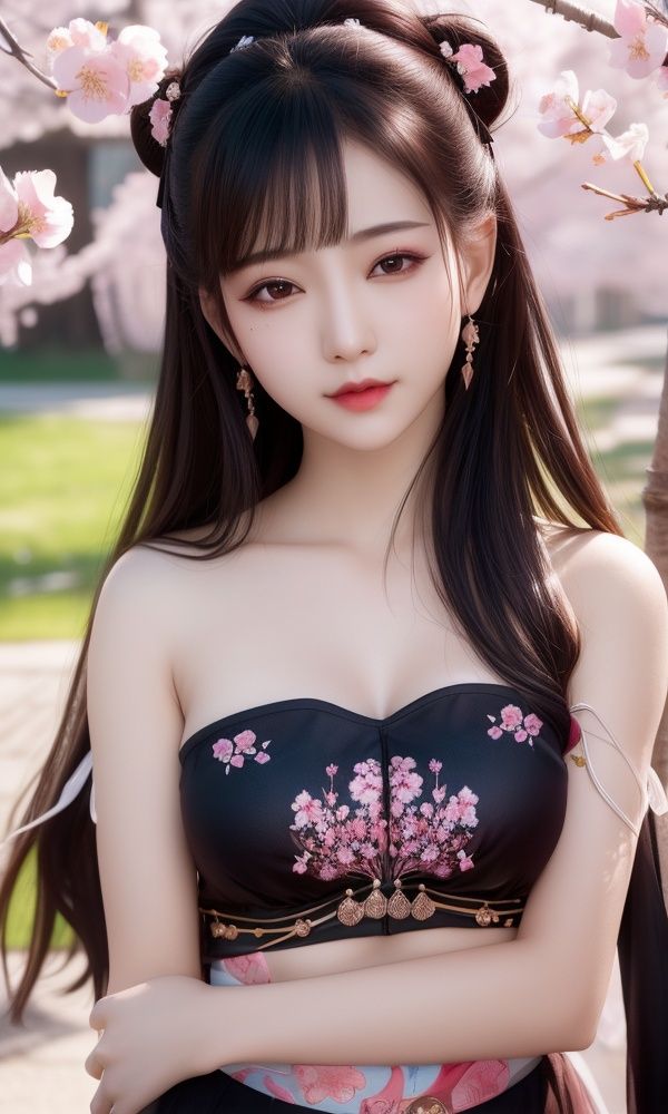 (,1girl, ,best quality, )<lora:DA-国风-敦煌A:0.6>,masterpiece, fantasy, realistic,science fiction,mole, ultra realistic 8k cg, ,tamari \(flawless\),  medium breasts,outdoors, sun,sunlight, cherry blossoms,      (()), (),