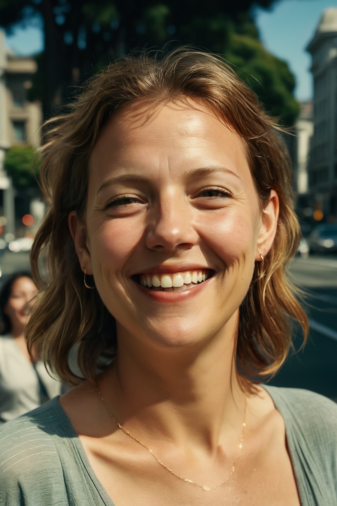 cinematic of extremely content happy smile ,  + / A fit light brown haired woman in San Francisco,  California in summer a...