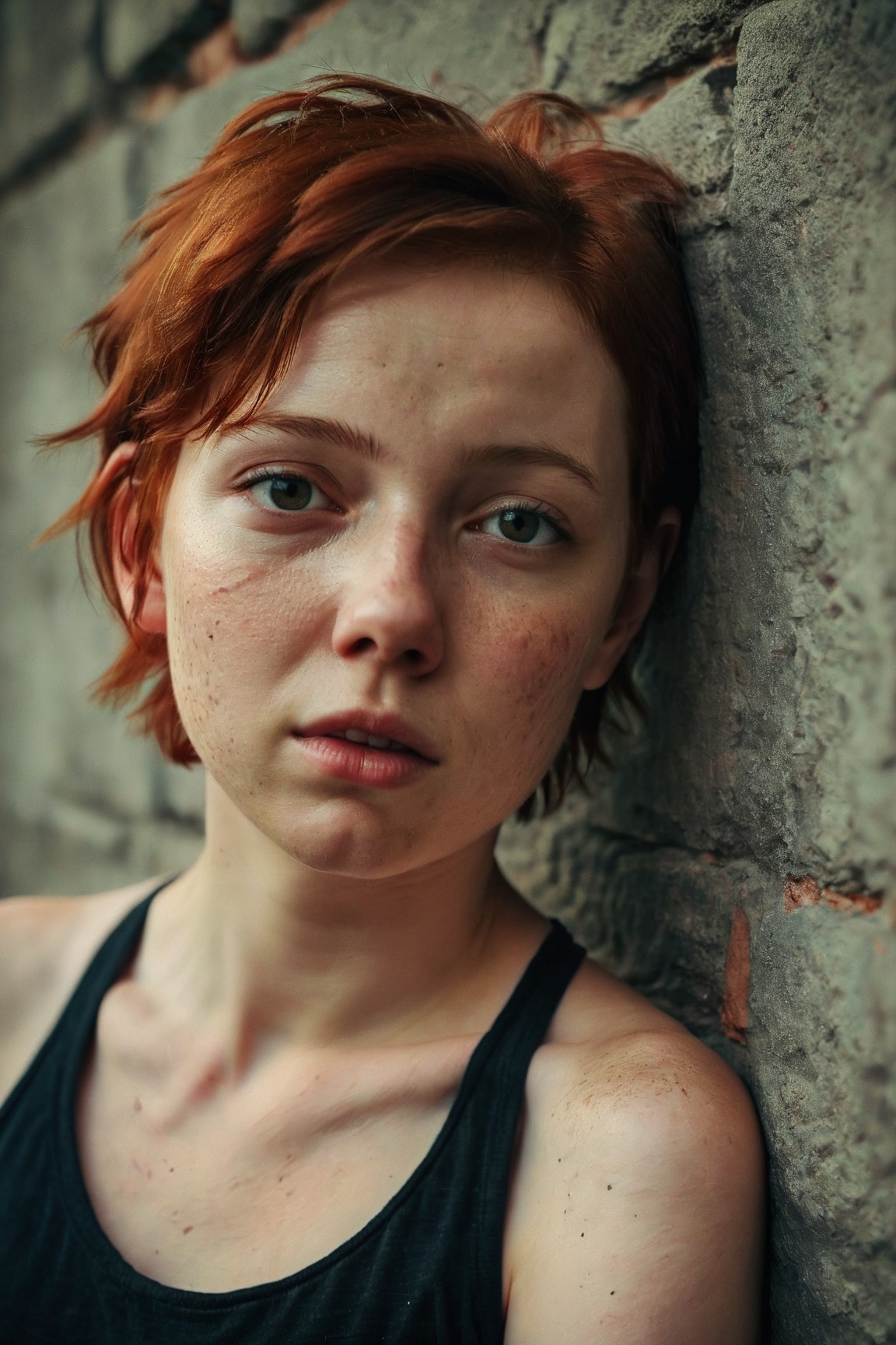 raw portraint photo of a beautiful cute 20yo woman leaning on a wall,  skin moles,  detailed skin on Tensor.Art