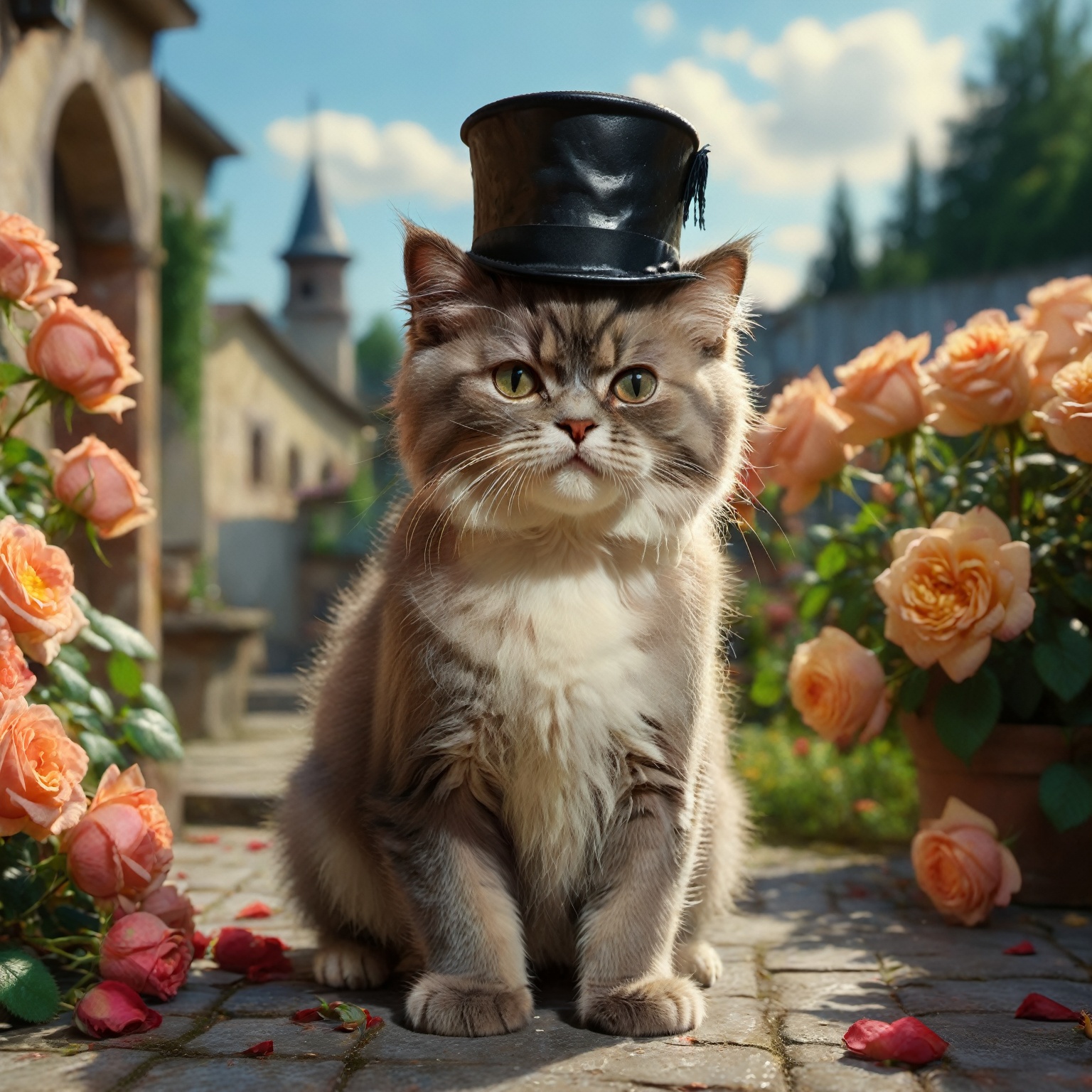 professional enamel painting art of a cute persian kitten surrounded by roses. The kitten is wearing a small top hat. It i...