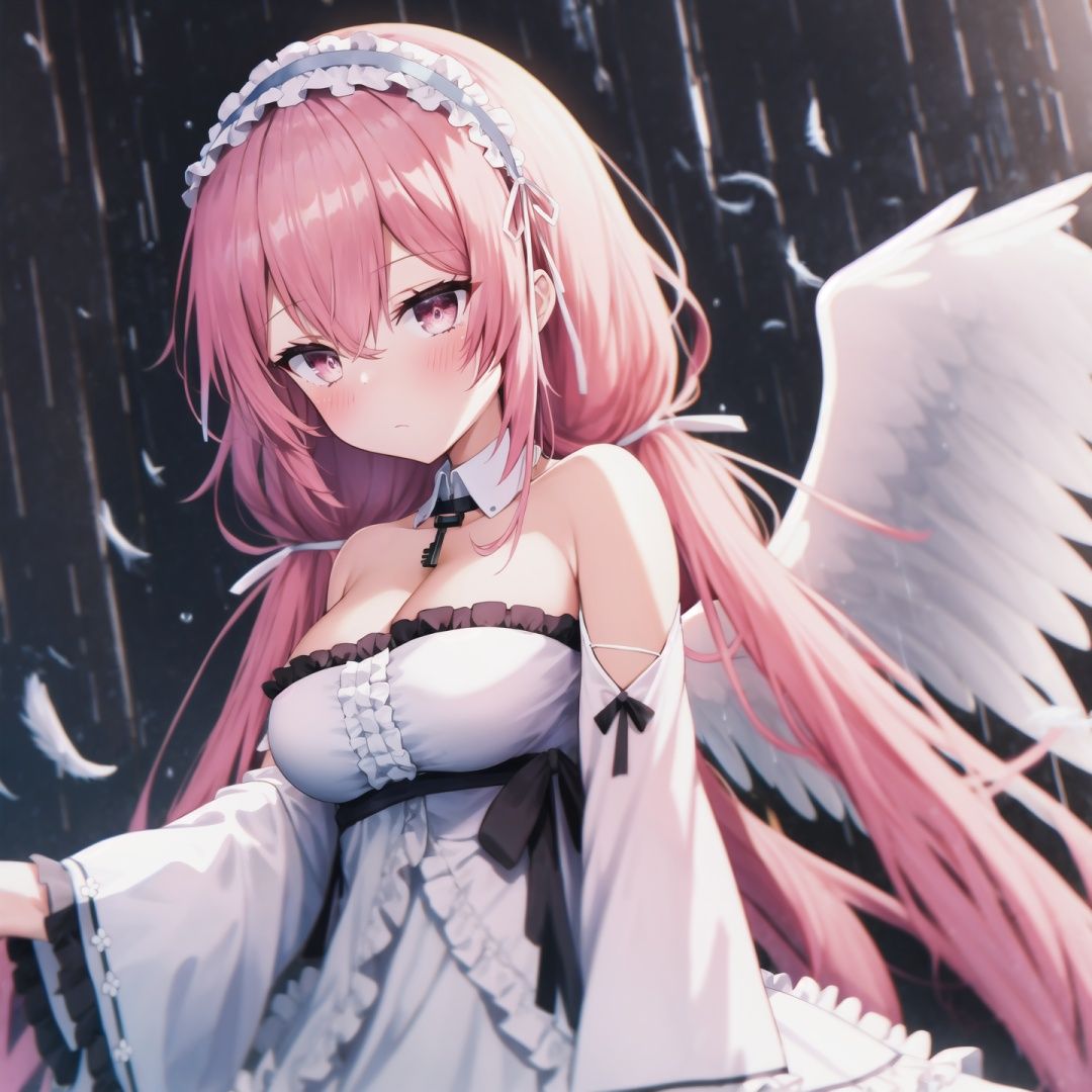 pink hair,  key necklace,  hairband,  1girl,  solo,  long hair,  breasts,  blush,  bangs,  long sleeves,  dress,  cleavage,  hair between eyes,  bare shoulders,  twintails,  medium breasts,  very long hair,  closed mouth,  outdoors,  frills,  detached sleeves,  wings,  hand up,  wide sleeves,  pink eyes,  white dress,  strapless,  frilled dress,  feathered wings,  rain,  white sleeves,  angel wings,  white wings,<lora:EMS-86654-EMS:0.800000>