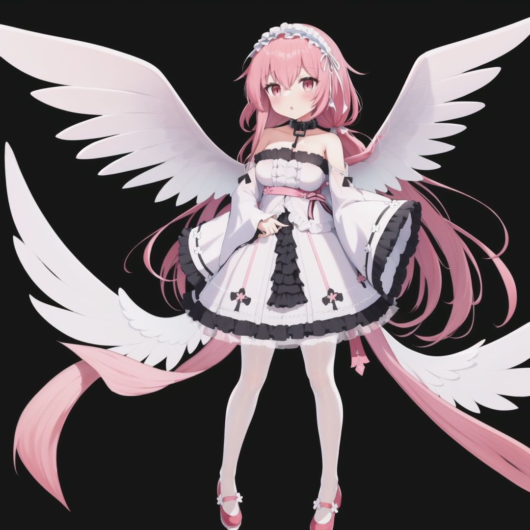 pink hair,  key necklace,  hairband,  1girl,  solo,  long hair,  looking at viewer,  blush,  bangs,  simple background,  red eyes,  long sleeves,  dress,  hair between eyes,  bare shoulders,  very long hair,  standing,  collarbone,  full body,  pantyhose,  frills,  parted lips,  detached sleeves,  wings,  shoes,  wide sleeves,  pink eyes,  white dress,  :o,  collar,  sleeves past wrists,  strapless,  frilled dress,  black background,  red footwear,  strapless dress,  feathered wings,  white pantyhose,  white sleeves,  angel wings,  white wings,  pink footwear,  frilled hairband,<lora:EMS-86654-EMS:0.800000>