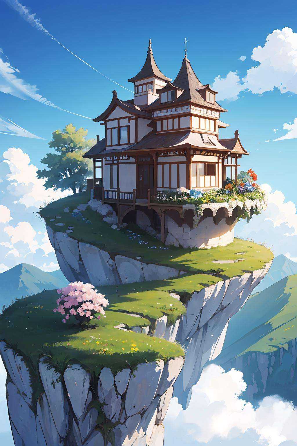 a villa on a high mountain cliff,((fresh flower)),blue sky,white cloud,the sun is shining brightly,