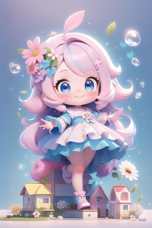 masterpiece,best quality,8K,official art,ultra high res,1girl,solo,pink hair,flower,blue eyes,hair ornament,hair flower,smile,looking at viewer,long hair,can't be this cute,<lora:3DMMD-v1:1>,bubble mart,the whole body,