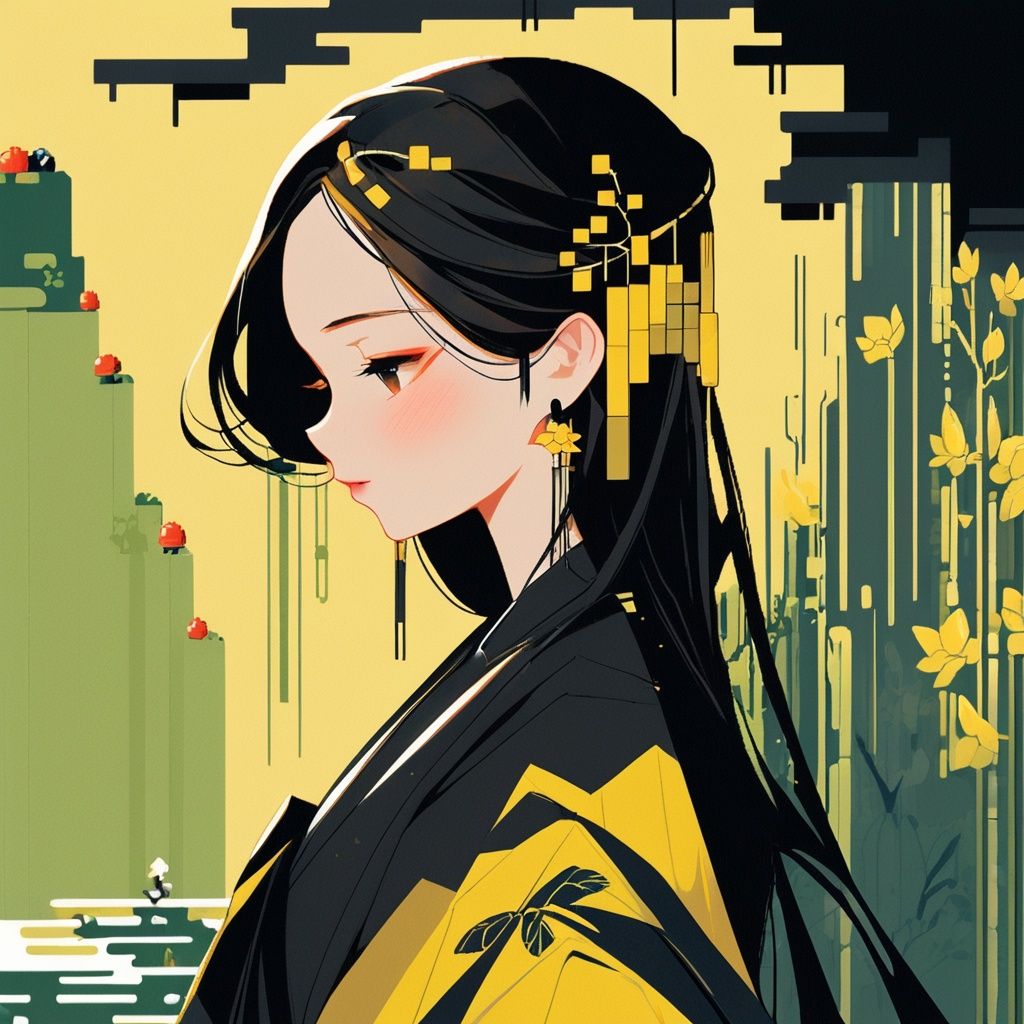 zgct color, lb2cc,pixel-art, 1girl, interesting picture, black powder and yellow bud, waterfall, pond, afternoon, sunshine on the body, low-res, blocky, pixel art style, 8-bit graphics