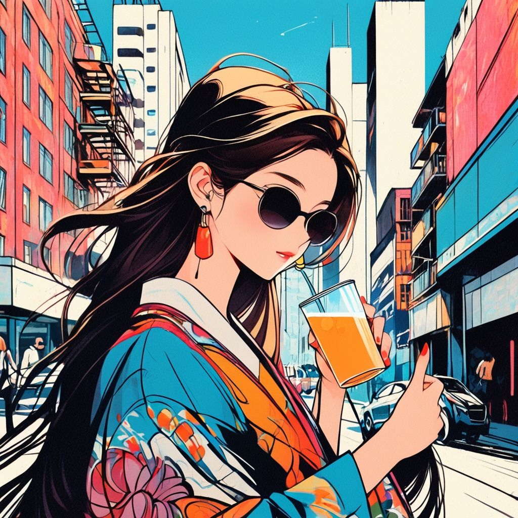 zgct color, lb2cc,Graffiti style,1girl, wearing sunglasses, holding drinks, modern city, high-rise buildings, streets, Street art, vibrant, urban, detailed, tag, mural