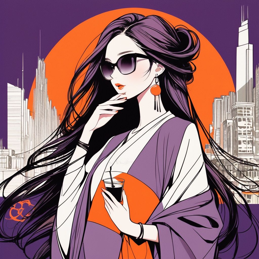 zgct color, lb2cc,Graffiti style,1girl, wearing sunglasses, holding drinks, modern city, Orange and Depart Purple, high-rise buildings, streets, Street art, vibrant, urban, detailed, tag, mural