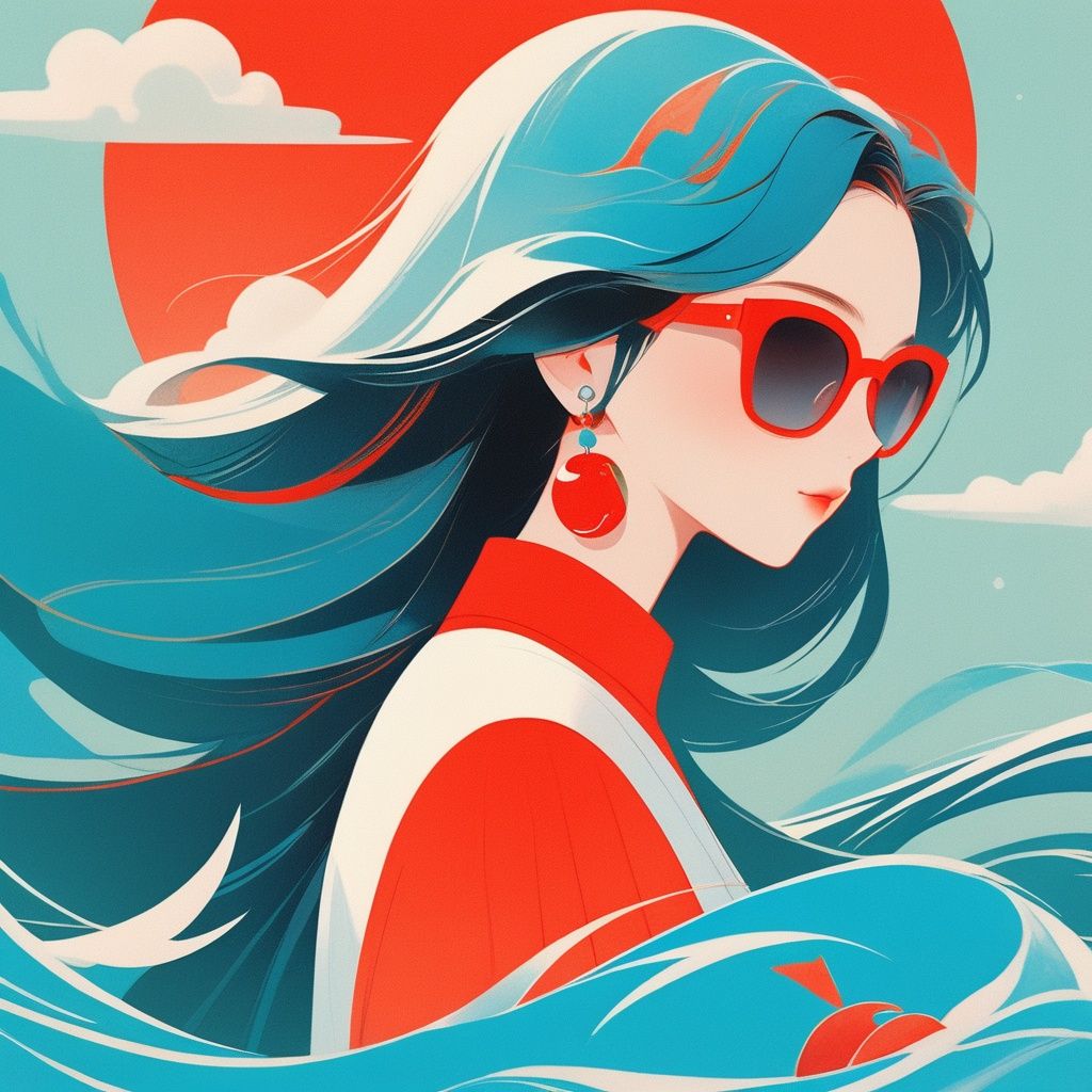 Zgct color, lb2cc, fatasy pictures, illustrations, 1girl, tomato red and turquoise, sharp edges, ocean, light blue long hair, waves, blue sky and white clouds, sunglasses, shell earrings