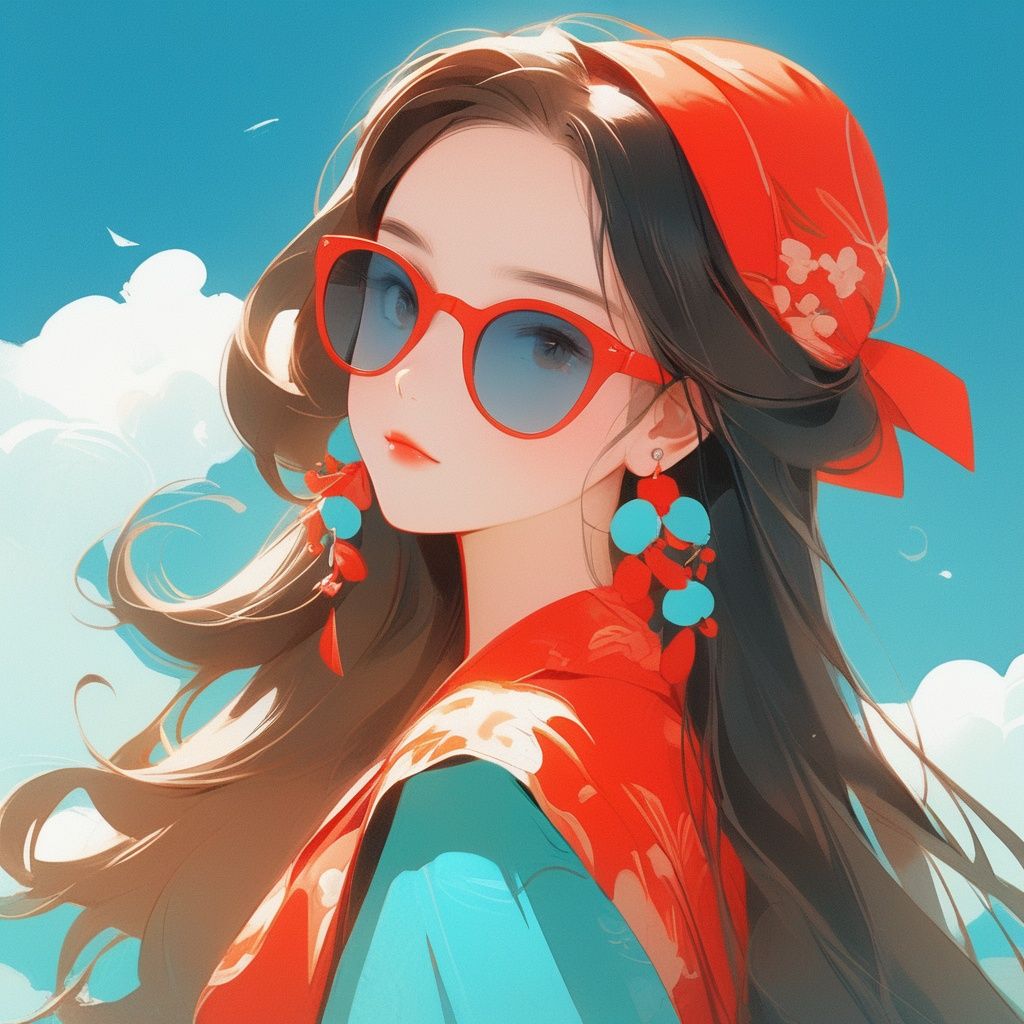 Zgct color, lb2cc, fatasy pictures, illustrations, 1girl, tomato red and turquoise, sharp edges, ocean, light blue long hair, waves, blue sky and white clouds, sunglasses, shell earrings