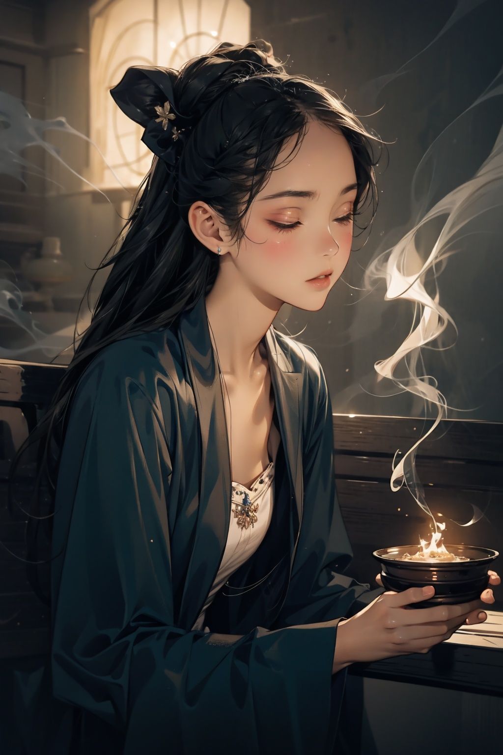  absurdres,incredibly absurdres,reality,realistic,,(solo:1.2), ,,1girl,,full_shot,Cense,smoke,censer