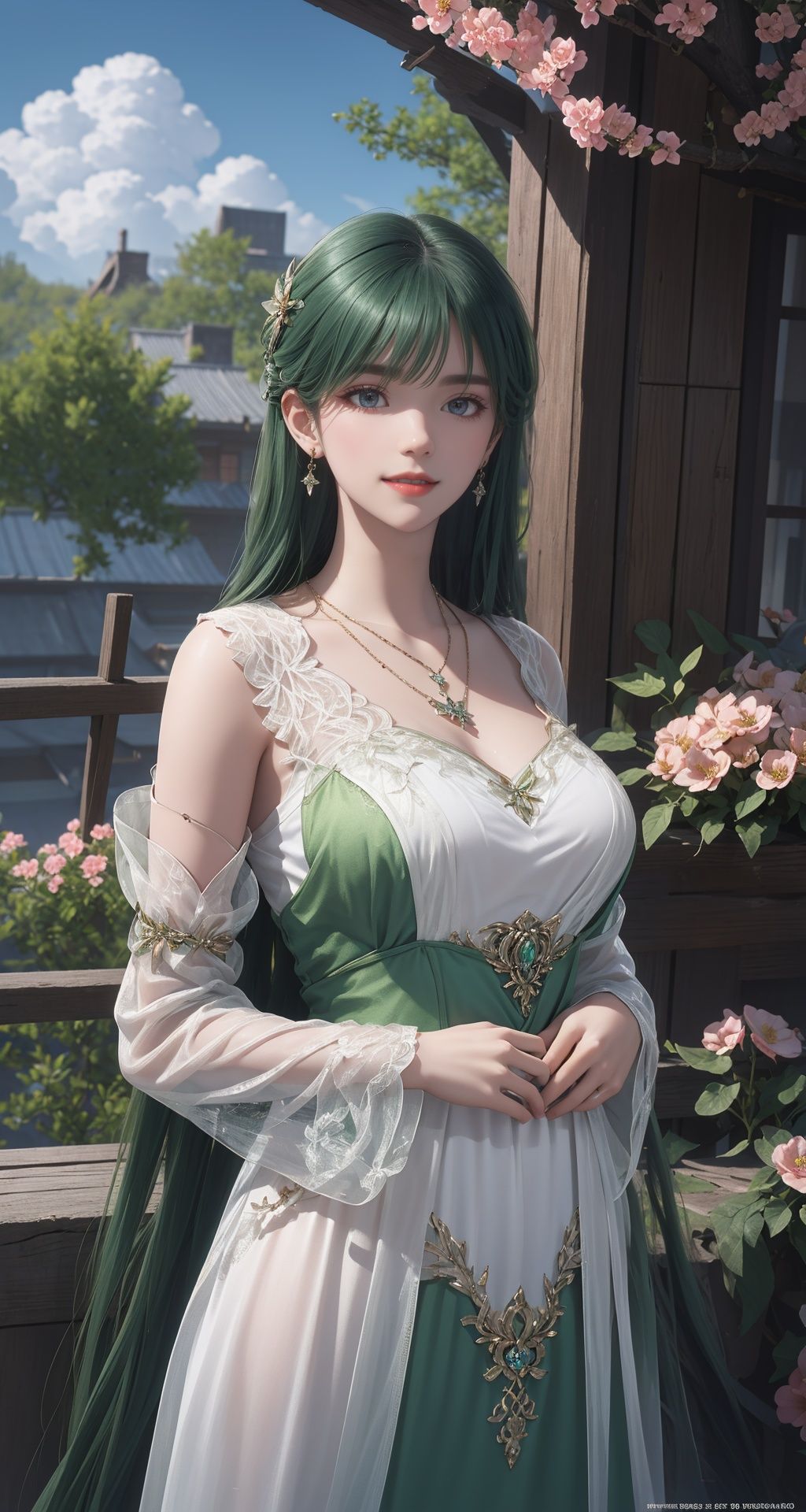 ((hand on own chest)),1girl,solo,green hair,dress,hair ornament,long hair,white dress,smile,detached sleeves,architecture,tree,the window is covered in flowers,outside the window is nature,facing the camera,there are flowers on the hair,red lips,outdoors,(looking at viewer:1.5),earrings,necklace,day,sky,blue sky,cloud,upper body,flowers,ultra-detailed,highres,extremely detailed,best quality,masterpiece,illustration,extremely delicate and beautiful,CG,unity,8k wallpaper,Amazing,finely detail,official art,