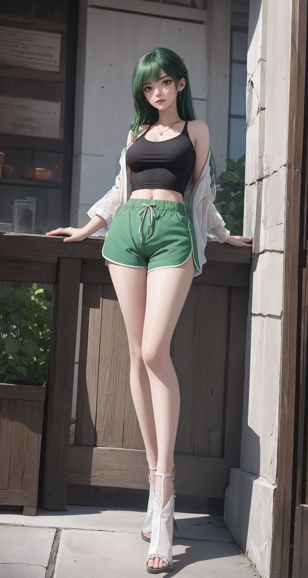 1girl,full body,masterpiece,best quality,highly detailed,green hair,dolphin shorts 
