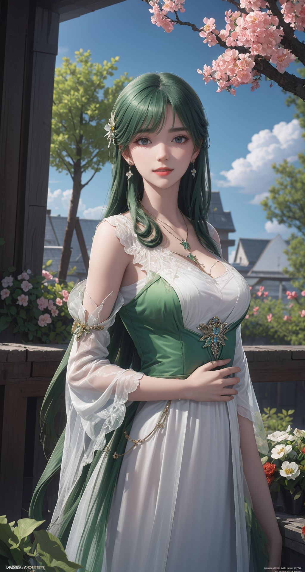 ((hand on own chest)),1girl,solo,green hair,dress,hair ornament,long hair,white dress,smile,detached sleeves,architecture,tree,the window is covered in flowers,outside the window is nature,facing the camera,there are flowers on the hair,red lips,outdoors,(looking at viewer:1.5),earrings,necklace,day,sky,blue sky,cloud,upper body,flowers,ultra-detailed,highres,extremely detailed,best quality,masterpiece,illustration,extremely delicate and beautiful,CG,unity,8k wallpaper,Amazing,finely detail,official art,