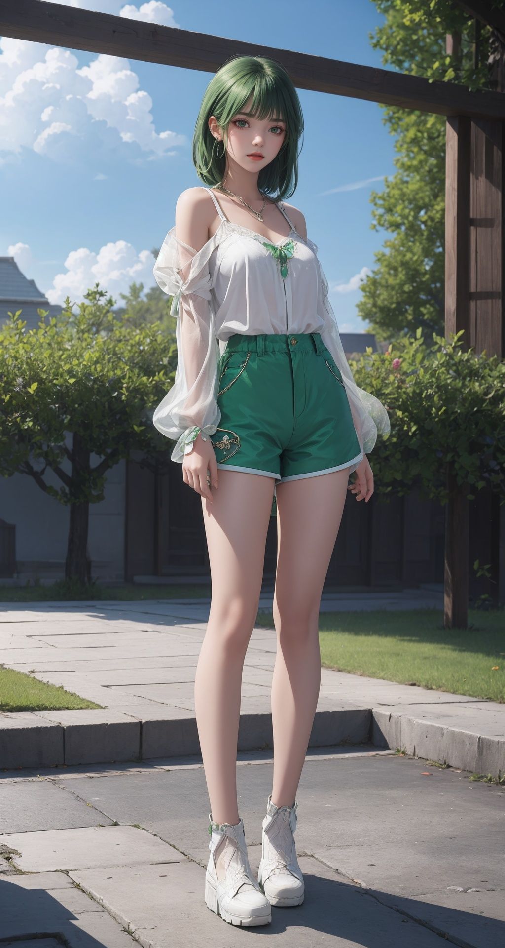 1girl,full body,masterpiece,best quality,highly detailed,green hair,dolphin shorts 