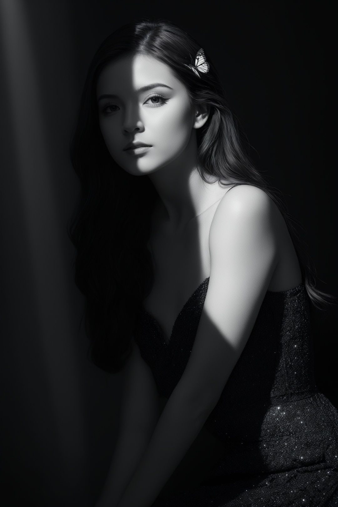  photographic of a girl,(spotlight),long hair,evening gown,chiaroscuro,beautiful detailed face,spotlight,by CGArt Butterfly\(Model\) with light master\(LoRA\).BREAK,upper body,monochrome,looking at viewer,shadow,dark theme,spotlight,dark theme, silhouette,light master