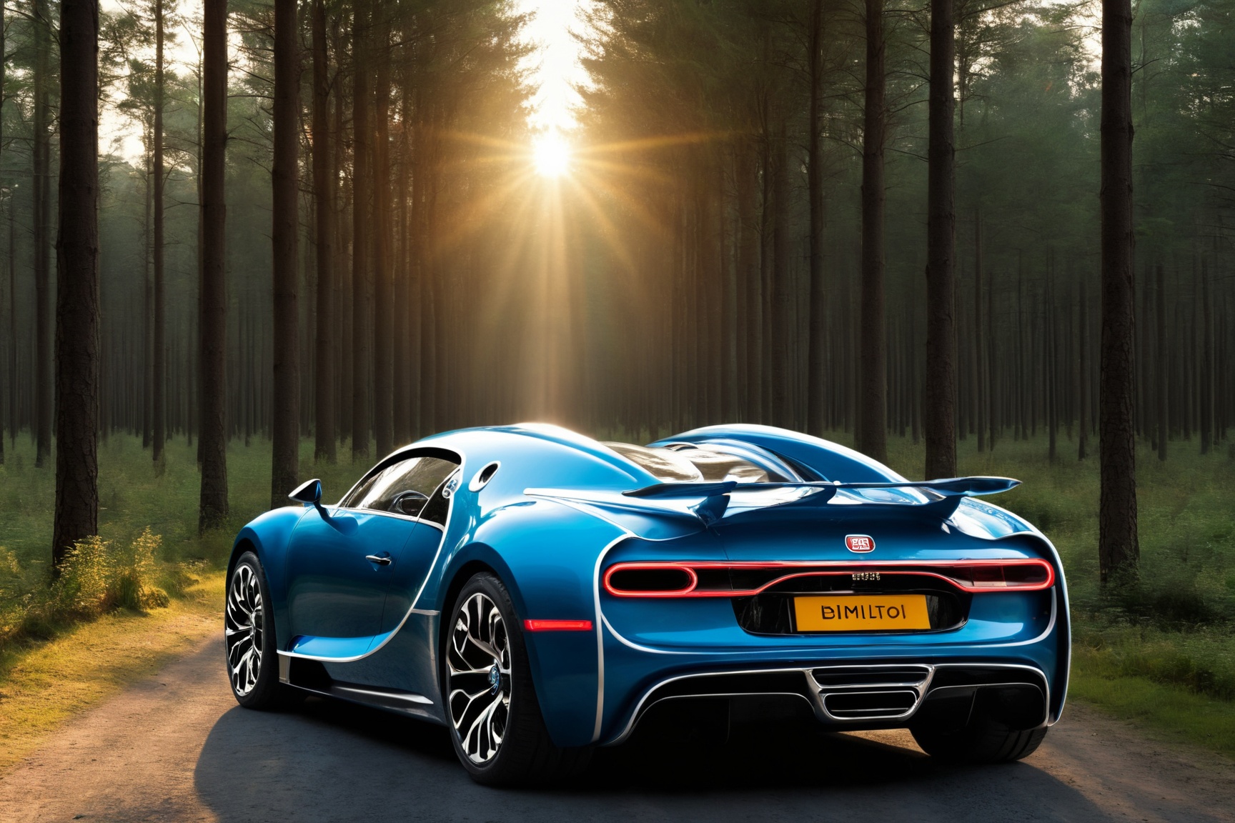  lifelike, precise, vibrant, absurdres,((bugatti concept car)) in Wonderland landscape,magical forest,(dreamlike elements:1.1),BREAK,vivid colorful sky with clouds, light up the surroundings,cinematic lighting,sunshine, light master