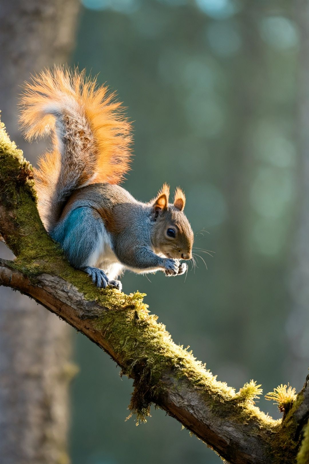  The smallest, cinematic, squirrel in the tree, forest lake, moss, cold weather, deep cyan and amber, Sony A7 IV, xsgb,light master