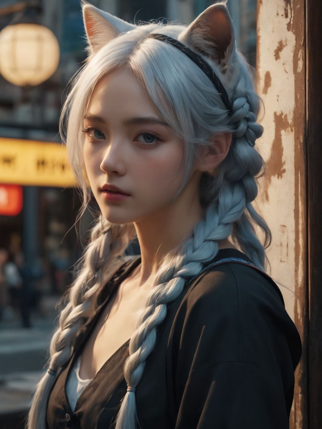  Solo, anime girl, full body,medium chest, Hyperdetailed school background, School, 
Detailed medium white hair braid, hair braid, Cat ears, beautiful, Detailed eyes, blue eyes, Side view, torso shot from waist, Thick lineart, Anxious, Hyperdetailed natural light, detailed reflection light, 
volumetric lighting maximalist photo illustration 64k, resolution high res intricately detailed complex, 
key visual, precise lineart, vibrant, panoramic, cinematic, masterfully crafted, 64k resolution, beautiful, stunning, ultra detailed, expressive, hypermaximalist, colorful, rich deep color, vintage show promotional poster, glamour, anime art, fantasy art, brush strokes,, 16k, UHD, HDR,(Masterpiece:1.5), Absurdres, (best quality:1.5), Anime style photo, Manga style, Digital art, glow effects, Hand drawn, render,octane render, cinema 4d, blender, dark, atmospheric 4k ultra detailed, cinematic sensual, Sharp focus, hyperrealistic, big depth of field, Masterpiece, colors, 3d octane render, concept art, trending on artstation, hyperrealistic, Vivid colors,, modelshoot style, (extremely detailed CG unity 8k wallpaper), professional majestic oil painting by Ed Blinkey, Atey Ghailan, Studio Ghibli, by Jeremy Mann, Greg Manchess, Antonio Moro, trending on ArtStation, trending on CGSociety, Intricate, High Detail, Sharp focus, dramatic,light master