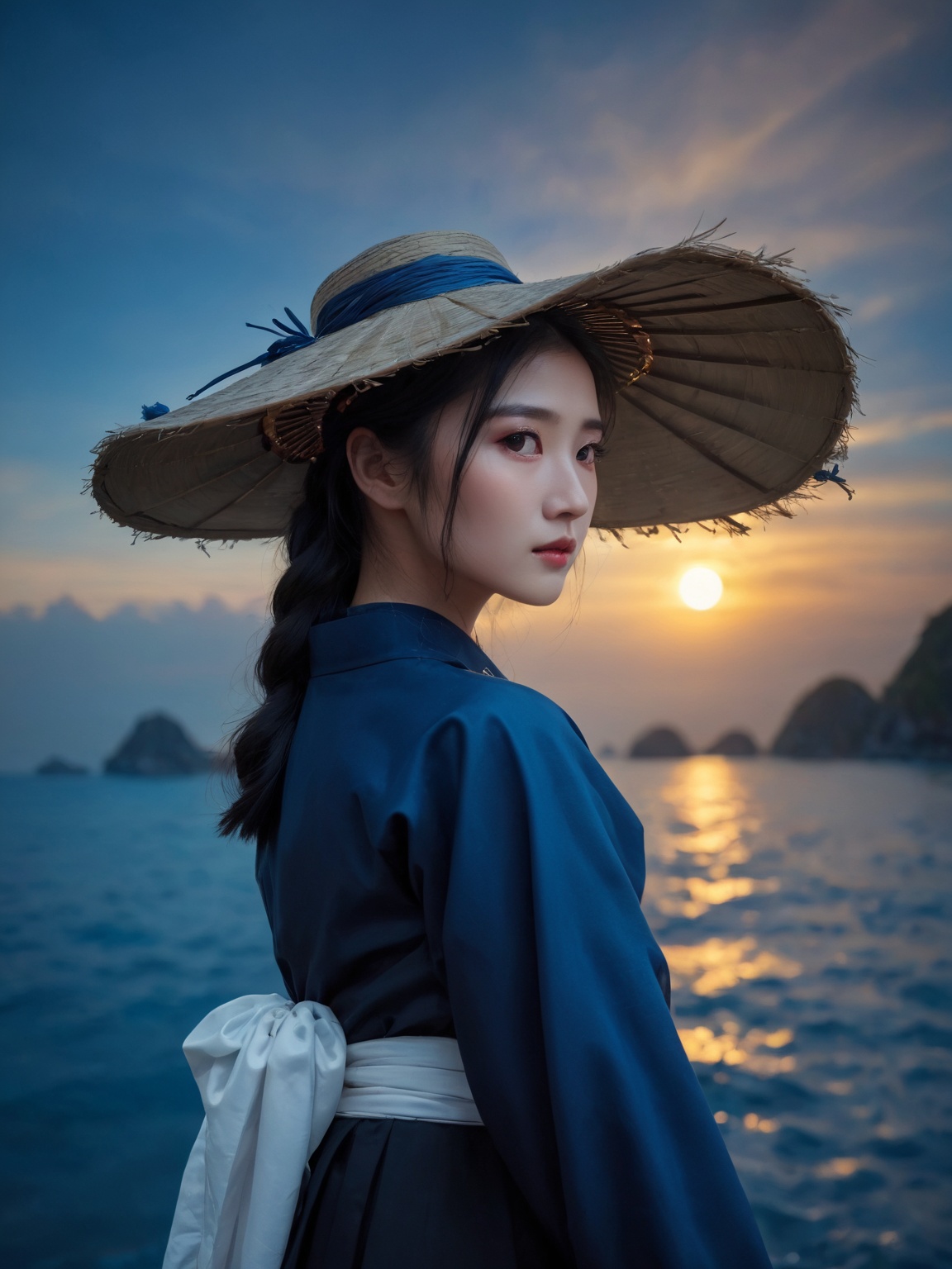  (abstract art:1.4), masterpiece, best quality, ultra high res, beautiful, visually stunning, (1girl:1.3), (dark blue theme:1.2), deep blue, cowboy shot,girl,wuxia,Chinese style,(Small chest:0.75),niji, sunlight, monkren, light master