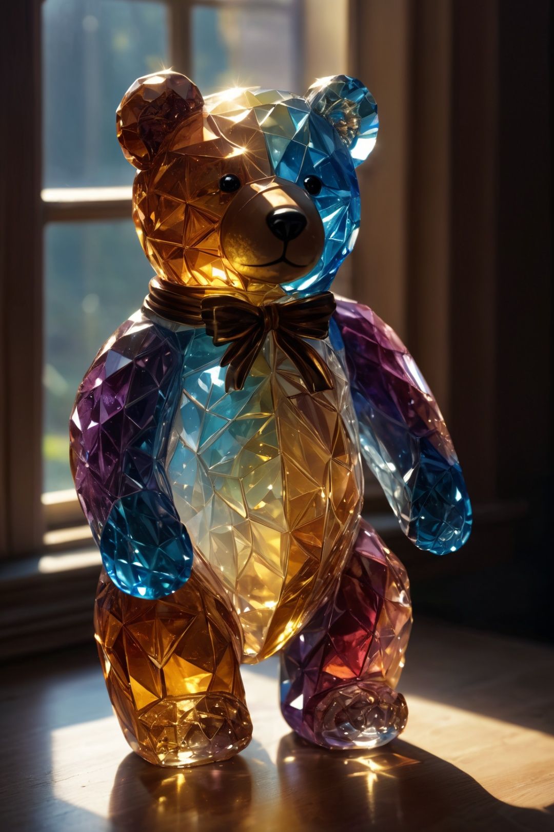  "Crystal Teddybear" teddy bear sculpture made of glass and crystal, Full body digital portrait of a beautiful crystal adorable teddy bear lit from within, colorful, clutter, ultra detailed, mysterious, scary, perfect environment, cinematic lighting, product photography, unreal engine, 8K, sunshine thorow the windows, shadows,light master