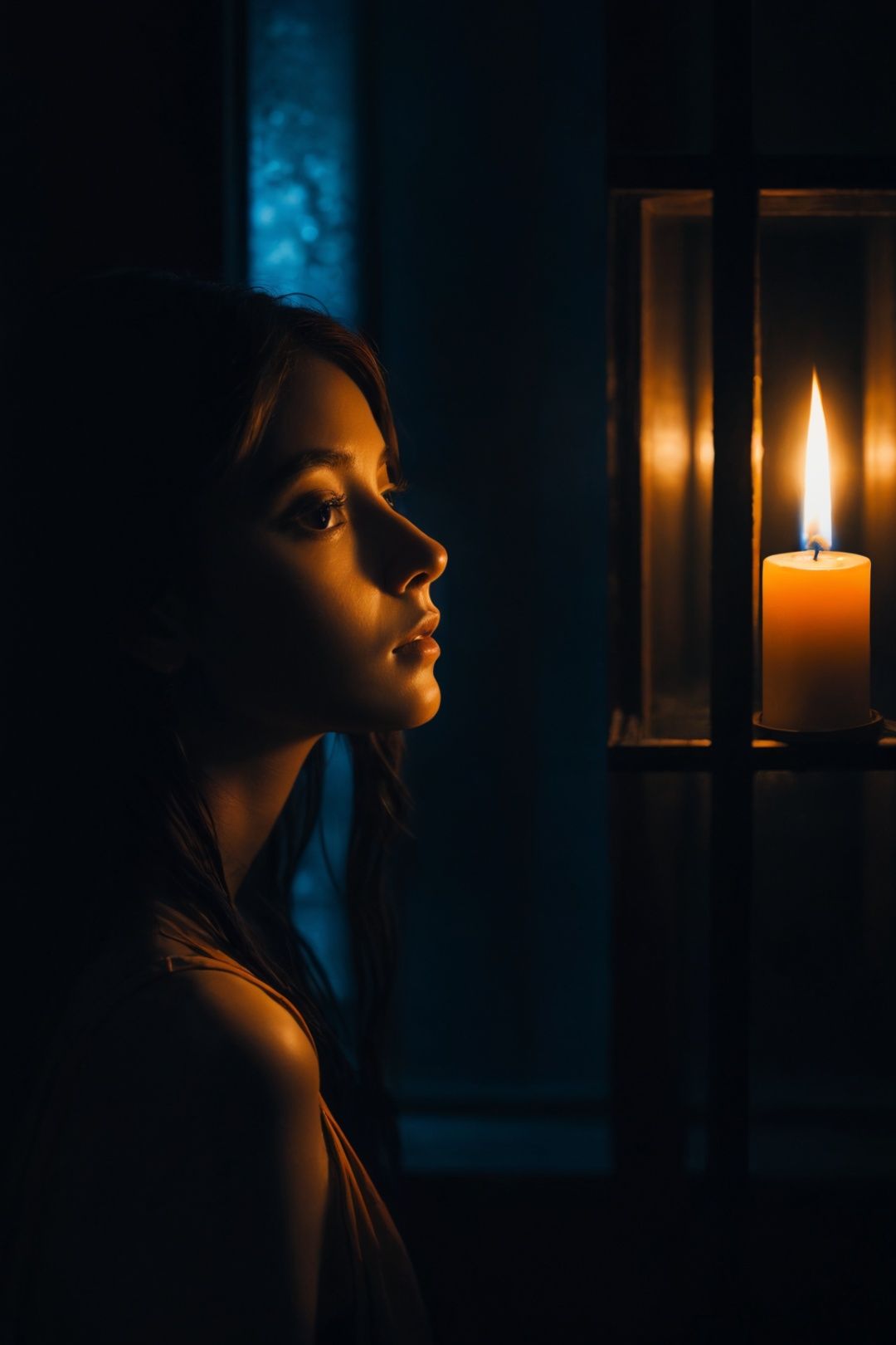  dark theme,black theme,In the dark room, through the window, one can see a girl holding a candle holder outside, and the faint light of the candle reflects the girl's face,blue and orange,light master