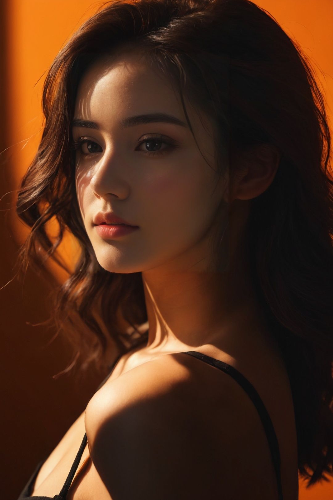  spotlight,1girl,shadow, upper body,dark theme,looking at viewer,parted lips,orange background,beautiful detailed skin,spotlight,dark theme, spotlight,dark theme,, silhouette,light master