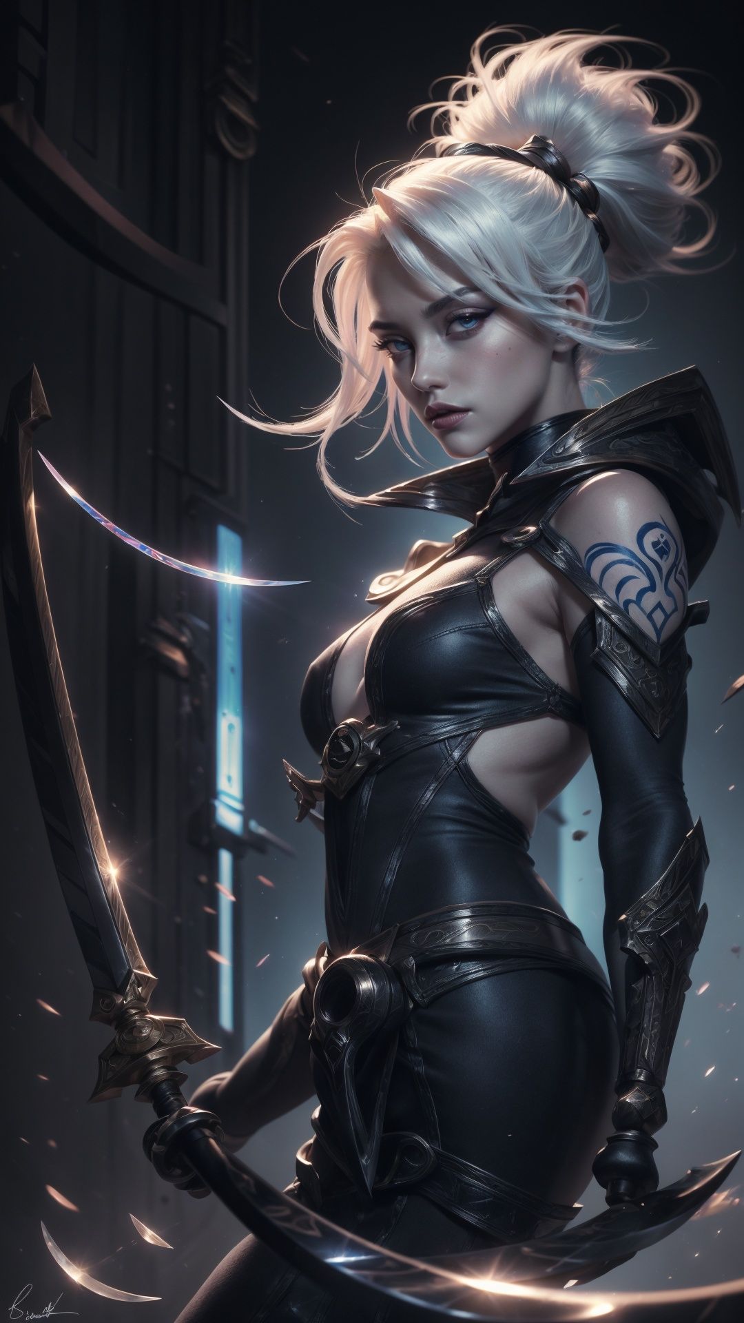 SH, sword, weapon, solo, holding, holding sword, holding weapon, 1girl, katana, bodysuit, cyberpunk, hair bun, science fiction, single hair bun, cowboy shot, standing, white hair, looking to the side, artist name, short hair, signature, 1other,death sign star{{best quality}},Masterpiece:1.2,lens flare,{{extremely detailed CG}},extremely detailed character,{an extremely delicate and beautiful},portrait,solo focus,{{highres}},dynamic angle,(extreme detailed illustration),((extremely detailed eyes and face)),cinematic lighting,(((extremely detailed CG unity 8k wallpaper))),{painting},(((ink))),amazing,Depth of field,beautiful detailed sky,Amazing,{highly detailed},(ultra detailed),(acrylic painting),original,{Concept Art},intricate detail,{watercolor},{{an extremely delicate and beautiful girl}},((1girl:1.1)),bishoujo,
