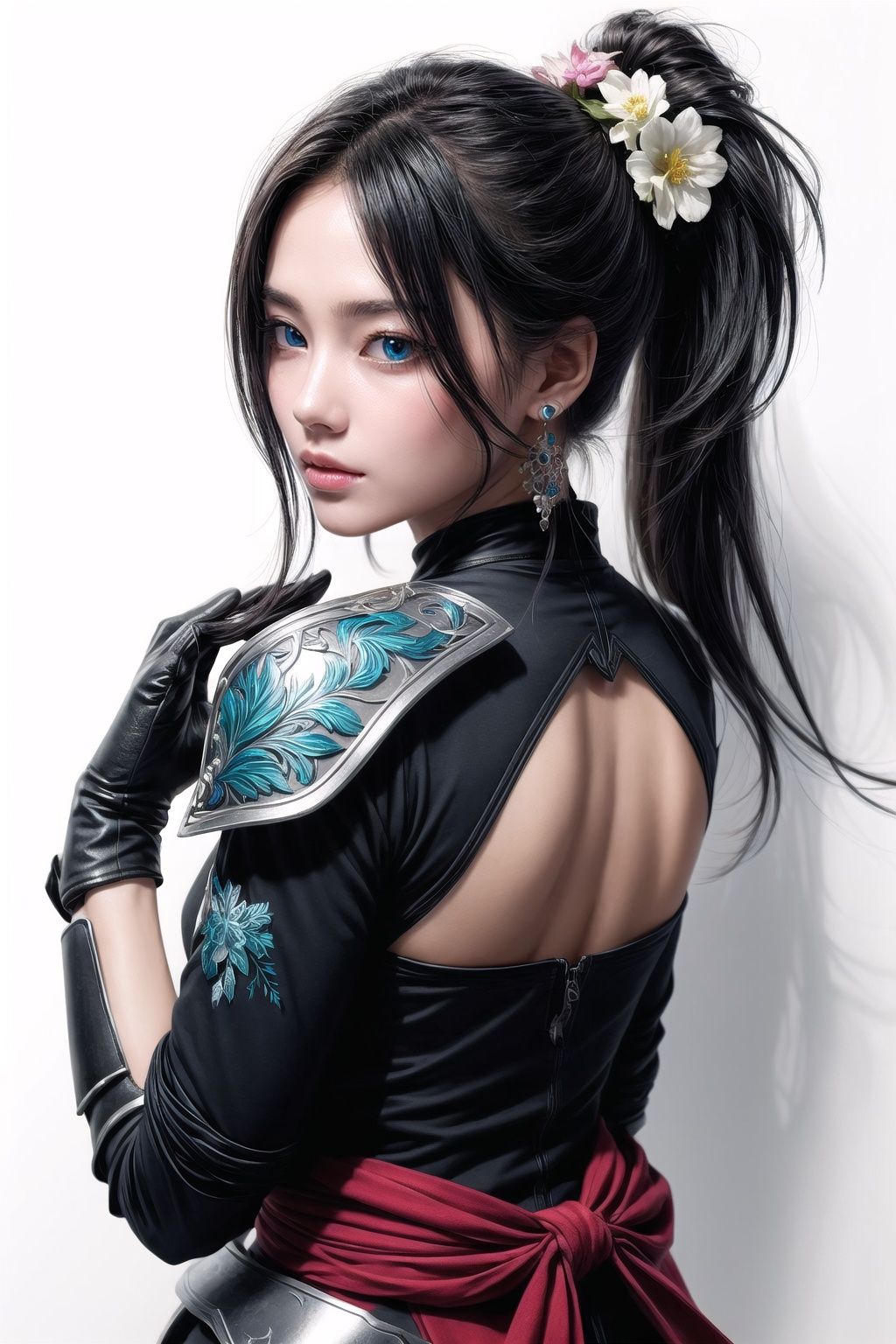 (masterpiece:1.3),(the best quality:1.2),(super fine illustrations:1.2),(Masterpiece),high quality,high detail,(white background:1.2),looking at viewer,(SOLO:1.4),outline,simplebackground,, blue eyes,fingerless gloves,long hair,multicolored hair,jewelry,earrings,japanese armor,grey hair,ponytail,fu hua,hair flower,armor,braid,boots,gradient hair,gloves,long sleeves,hair ornament,hair between eyes, backlight
