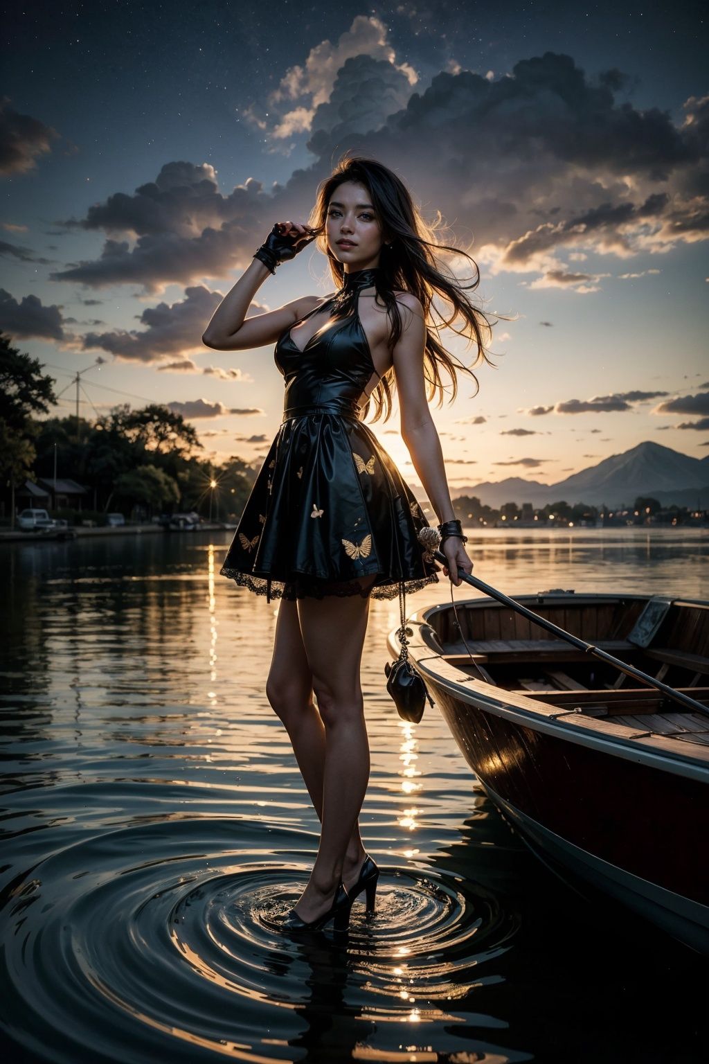  At night,,The girl was dressed in a light translucent gauze skirt, long hair fluttering, sleeveless dress, halter, lace gloves, stockings, skirt fluttering,Big Breasts.The girl half leaned against the boat,abstract art, (New Haicheng's Painting Style:1.3), gold theme, golden butterflies, dark stars, 1girl, A field full of flowers on the other shore, The other shore flower,.A boat was floating in the middle of the water,, facing viewer,,midjourney,yorha no. 2 type b,ghostdom,,Clouds, night, fireflies, Perfect face, high detail, smile, dynamic angle,, PBR rendering+UE engine, colorful, shot, glow, backlight, film angle,, Fisheye lens lens, lens flare, detail background, highlights hair, bust lens, hands pulling hair, hands on the mouth,ghostdom,night,backlight,crystaleyes,Fractal,There are many cats around,Full body shot,The girl drew the picture of Hell with the brush in her hand,,real,8k,,flower,capricornus