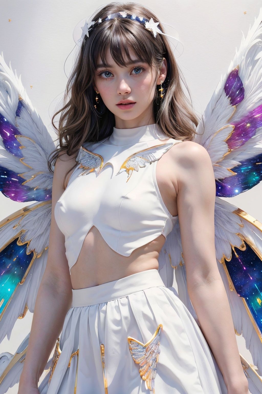  ((best quality)), ((masterpiece)),((ultra-detailed)), (illustration), (detailed light), (an extremely delicate and beautiful),
((solo)),((upper body)),
(((a beautiful girl))),((small_breasts)),((looking at viewer)),
(galaxy adorns colorful wings),(((starry_wings,galaxy wings):1.5)),(Glowing line tattoos),
(white skirt),(white dress),(Glowing halo),
(beautiful eyes),white hair,
((white background:1.7)),
