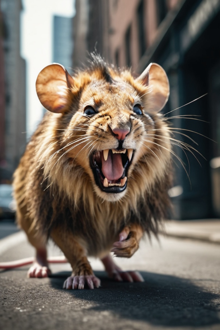 merge combination | mouse with lions mane and teeth is roaring in victory | urban setting | stunning detail,  creative,  c...