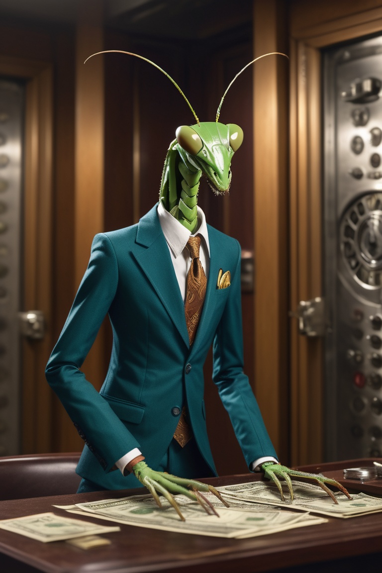 anthro | wearing business bankers clothes,  | bank vault setting| 3/4 pose,  deep focus on Tensor.Art