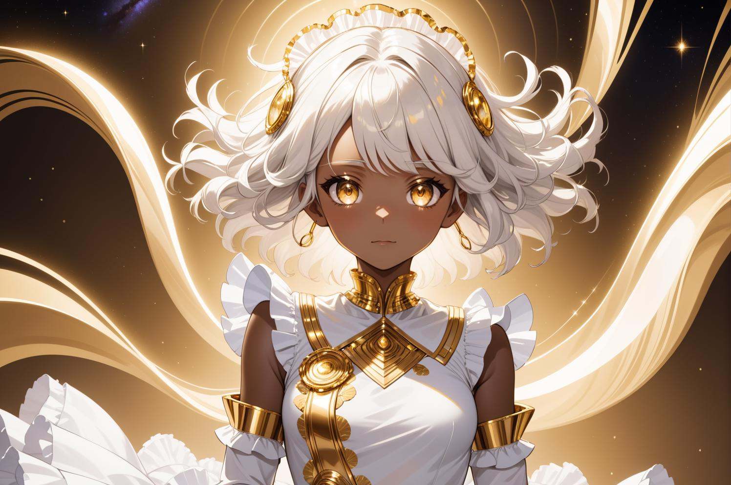 (abstract art:1.2), african art, spiritual art, (style of Francesco Torbido:1.18), white elegant clothing, gold trim, white top, (frills), dark-skinned female, luxury, gold, armband, metal, soft fabric, frilled top, wavy hair, white hair, hair whiskers, light, glowing hair, extravagant, (gold eyes), golden hue, bronze skin, white eyebrows, eyelashes, sparkles, sparkling eyes, cosmic eyes, galaxy print, subtle texture, elegant light dust, in full life