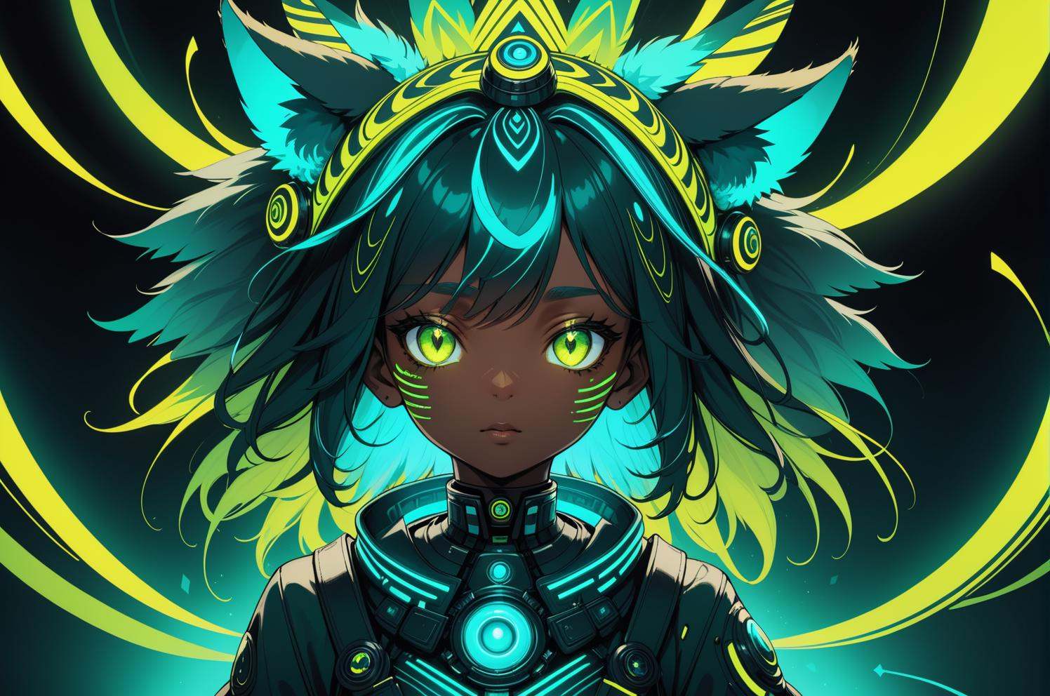 (abstract art:1.2), fractal art, psychedelic art, (style of Stanley Greene:1.18), Chartreuse green theme, dark theme, 1girl, embers, animal ear fluff, (neon color), hyper fusion, cyber, tribal headdress, confident expression, dark teal accent, masterpiece, best quality, ultra high res, professional art, highly detailed, beautiful aesthetic, ethereal, atmosphere, (fisheye:1.18), (dark skin, dark-skinned female), emotional, looking at viewer, absolute, (righteous:1.2), (heat haze), (wavy lines:1.3), Technological Wonders aesthetic, doubtful, (pov)