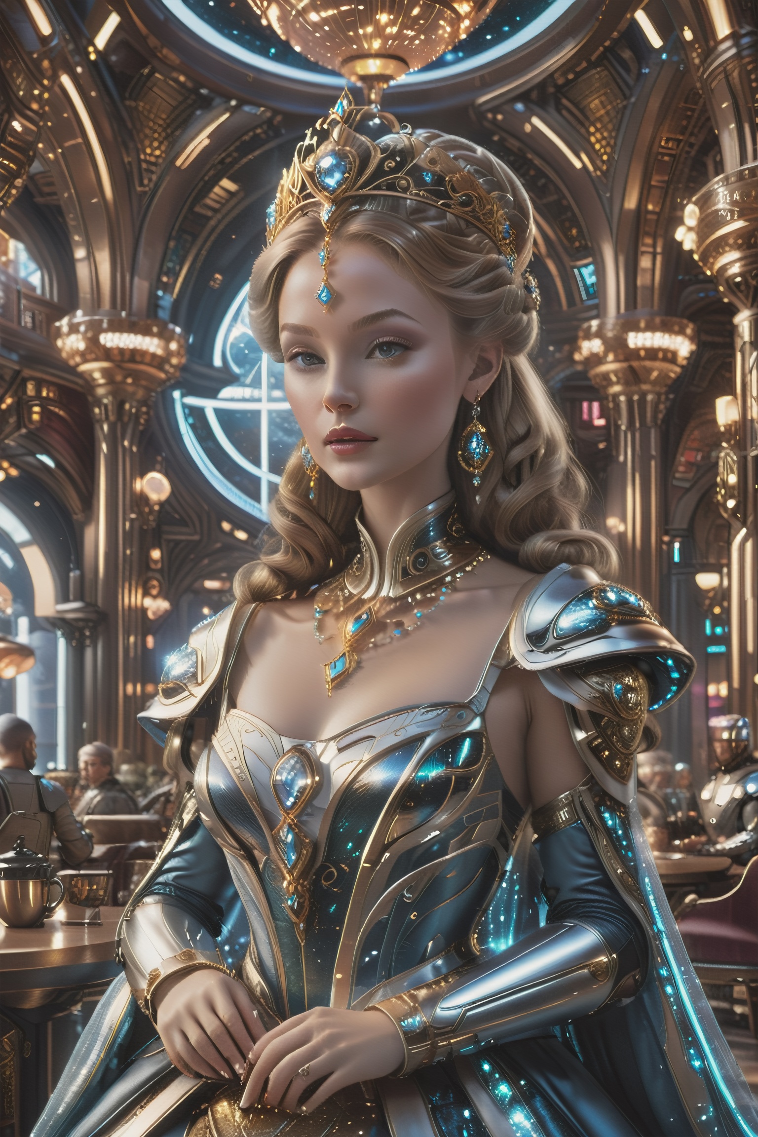 a Renaissance princess enjoying a moment of leisure in a fantasy sci-fi world. Dressed in a sumptuous gown with intricate details inspired by Renaissance fashion, she sits gracefully in a sleek, futuristic coffee shop. The surroundings blend classical elements with advanced technology—ornate chandeliers hover above, and holographic artworks adorn the walls.
,Renaissance Sci-Fi Fantasy