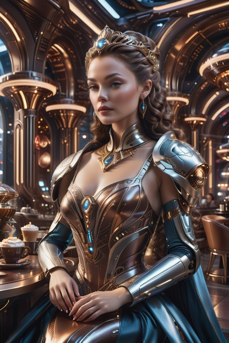 woman enjoying a moment of leisure in a fantasy sci-fi world. Dressed in a sumptuous gown with intricate details, she sits gracefully in a sleek, futuristic coffee shop. The surroundings blend classical elements with advanced technology
