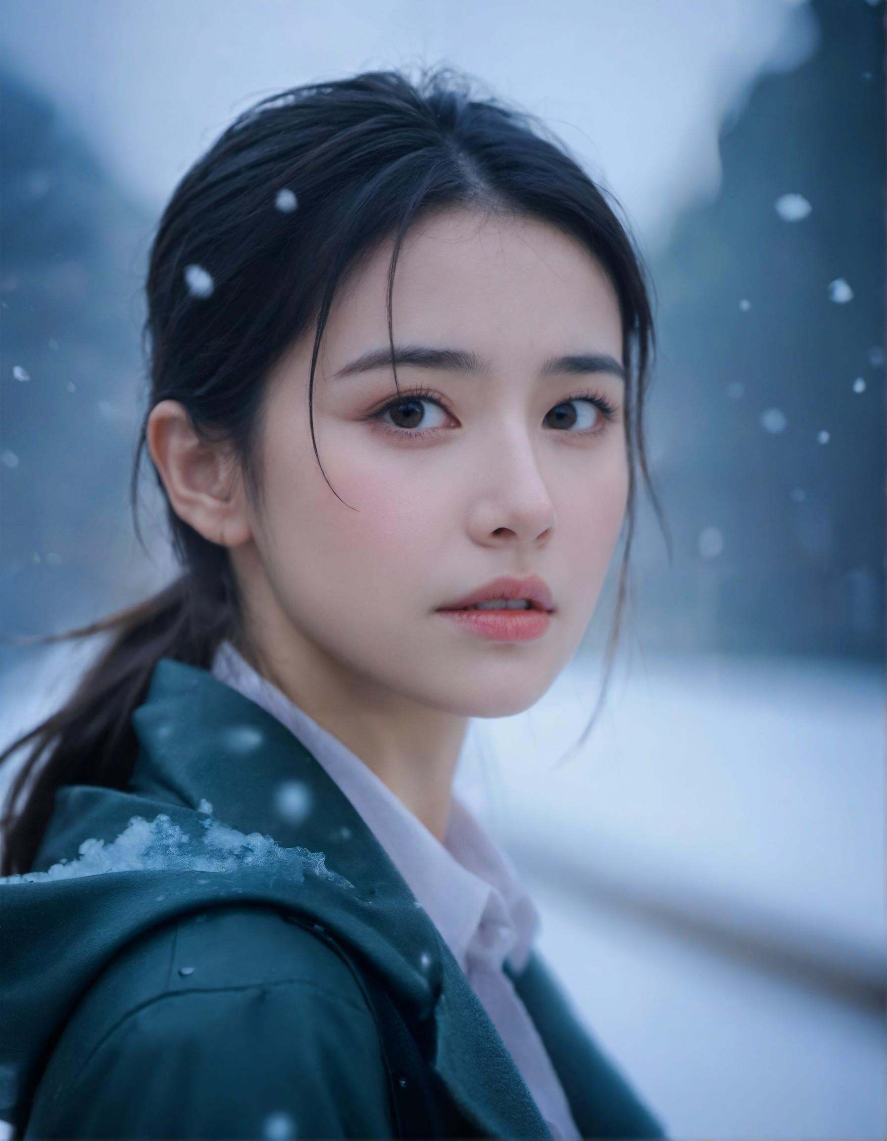 cinematic film still ***** girl,  (close shot),  snow treading on Tensor.Art