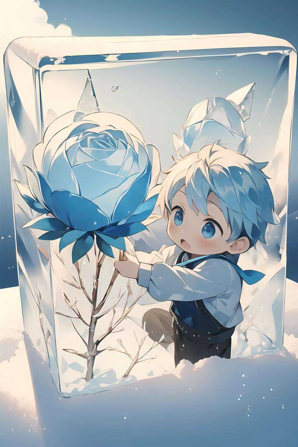 1 boy frozen in a ice block,<lora:frozen_squirrel_v2_128:0.6>,