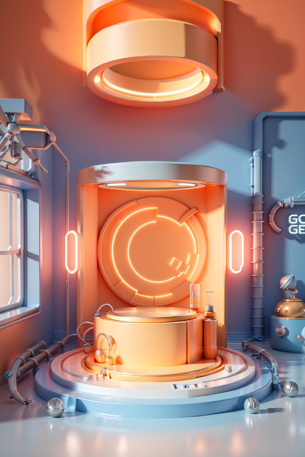 masterpiece,best quality,Science fiction-style booth background,future style,square/round booth,red,white ligh,