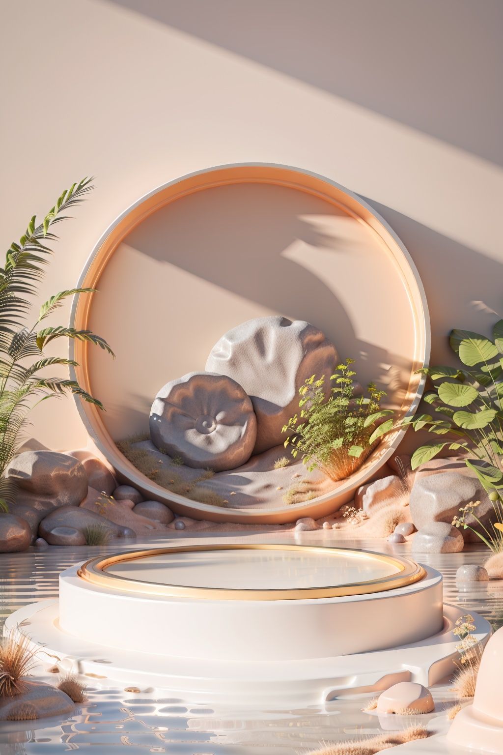 masterpiece,best quality,desert,Round glass material object on the water,next to the grey coffee stone,C4D scene,realistic,advanced sense,simple,gold,highres,original,extremely detailedwallpaper,perfect lighting,(extremely detailed CG:1.2),ultradetail,