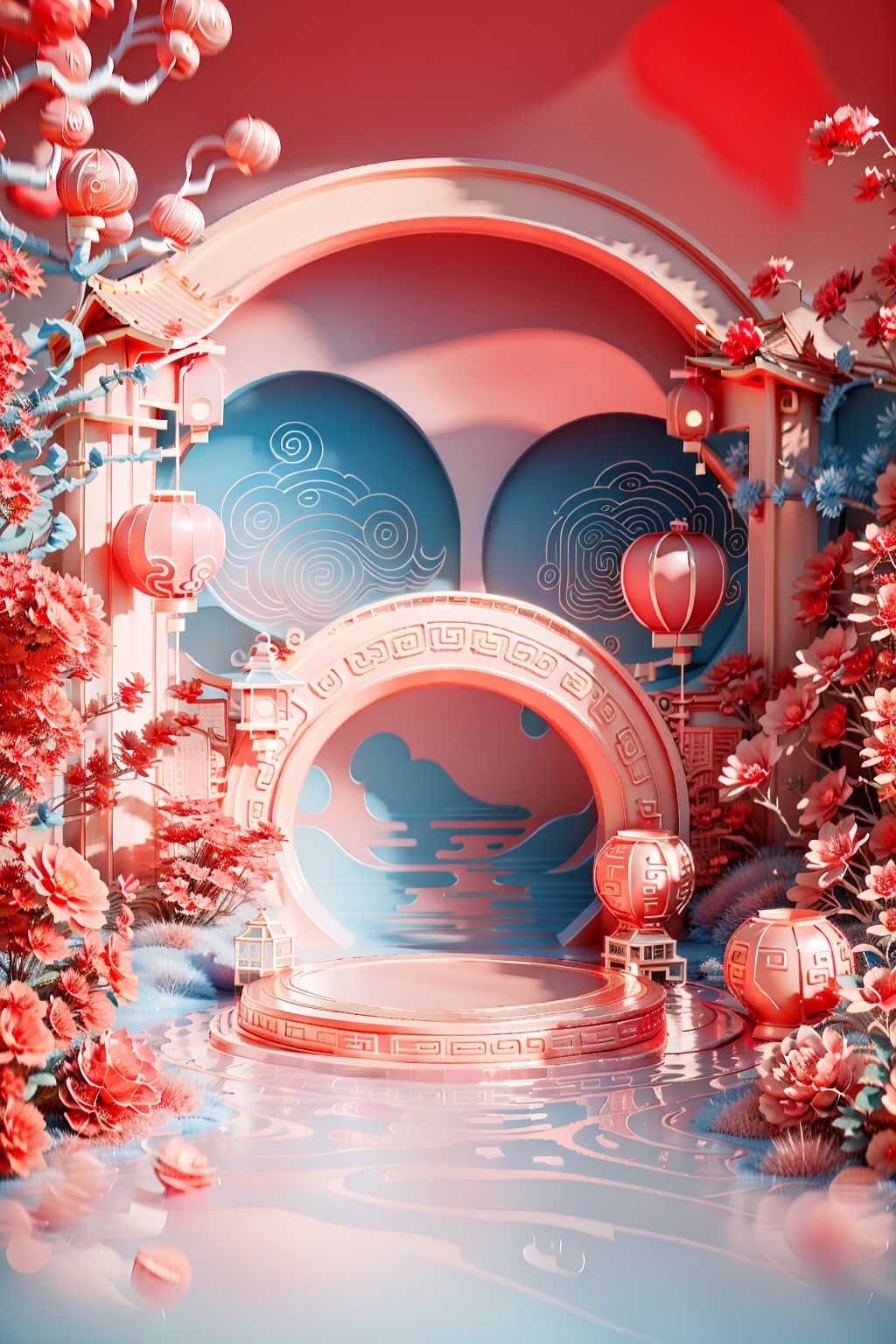 masterpiece,best quality,flower,no humans,scenery,outdoors,in the style of vibrant stage backdrops,ZH_style,cloud,Chinese red lantern,festive lantern,flowers,red theme,Chinese New Year,<lora:国潮风格插画_ Chinese illustration style_v1.0:0.5>,simple details,