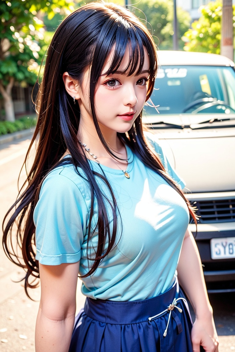 a very pretty girl,  light blue hair,  The background is a busy street on Tensor.Art