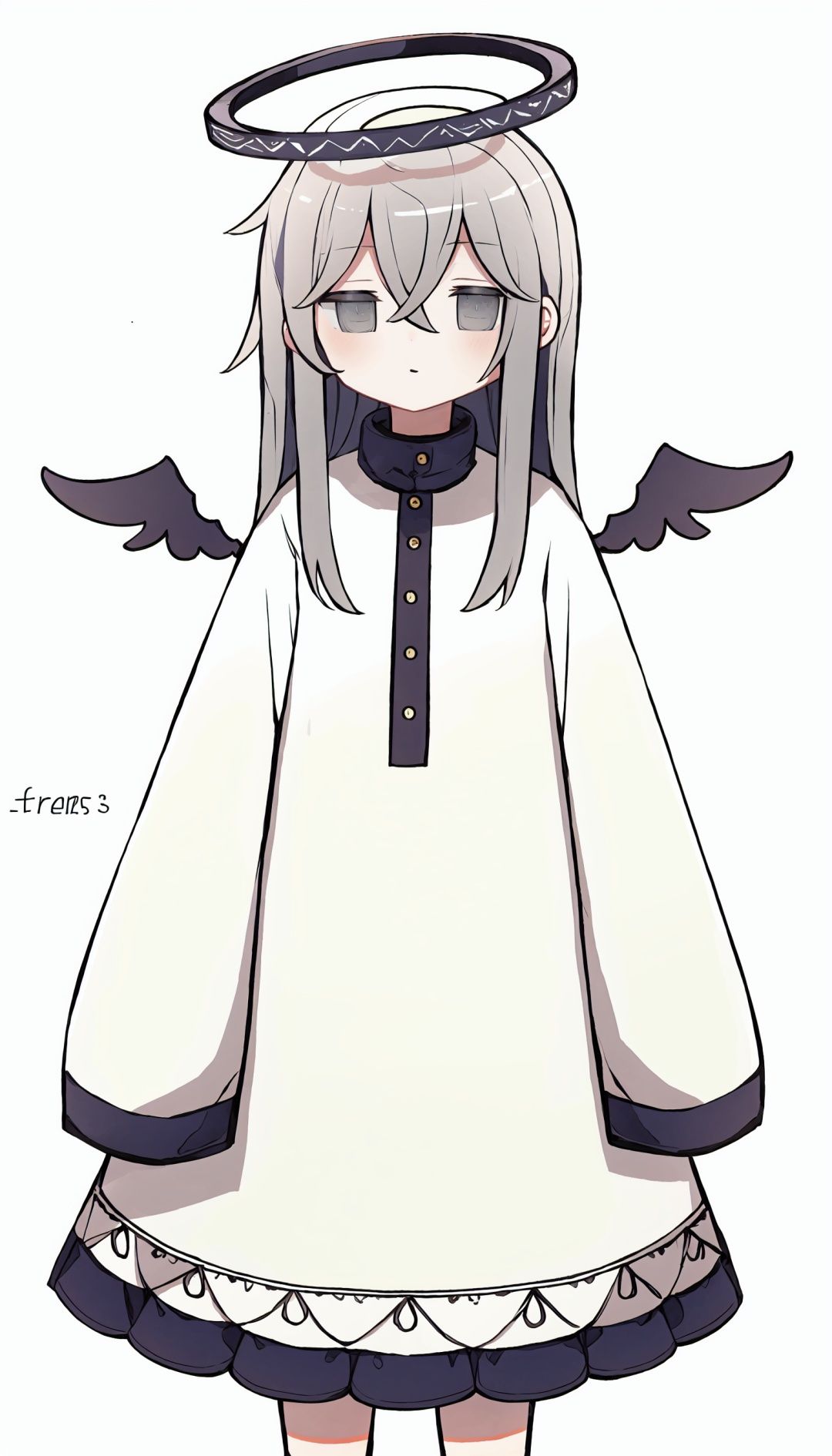 1girl, solo, halo, white background, dress, simple background, grey eyes, long hair, grey hair, long sleeves, sleeves past wrists, white dress, wings