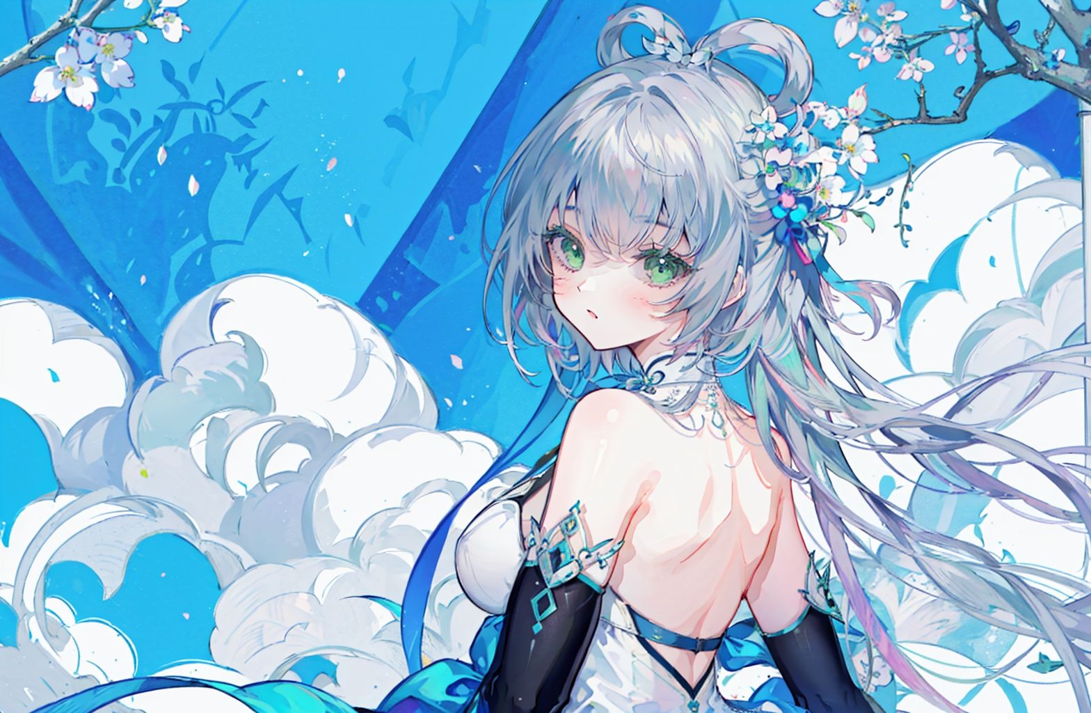 <lora:luotianyitsw:0.6><lora:shaded_face2_pruned_0:0.5>(colorful background:1.5)1girl,luotianyitsw, luotianyi_v2,breasts, long hair, nude, hetero, blush,green eyes, flowers,trembling, silver hair, ass, bangs, ribbon,shaded_face <lora:evle-000008:0.3> <lora:PAseer的神话壁纸V1:0.4>