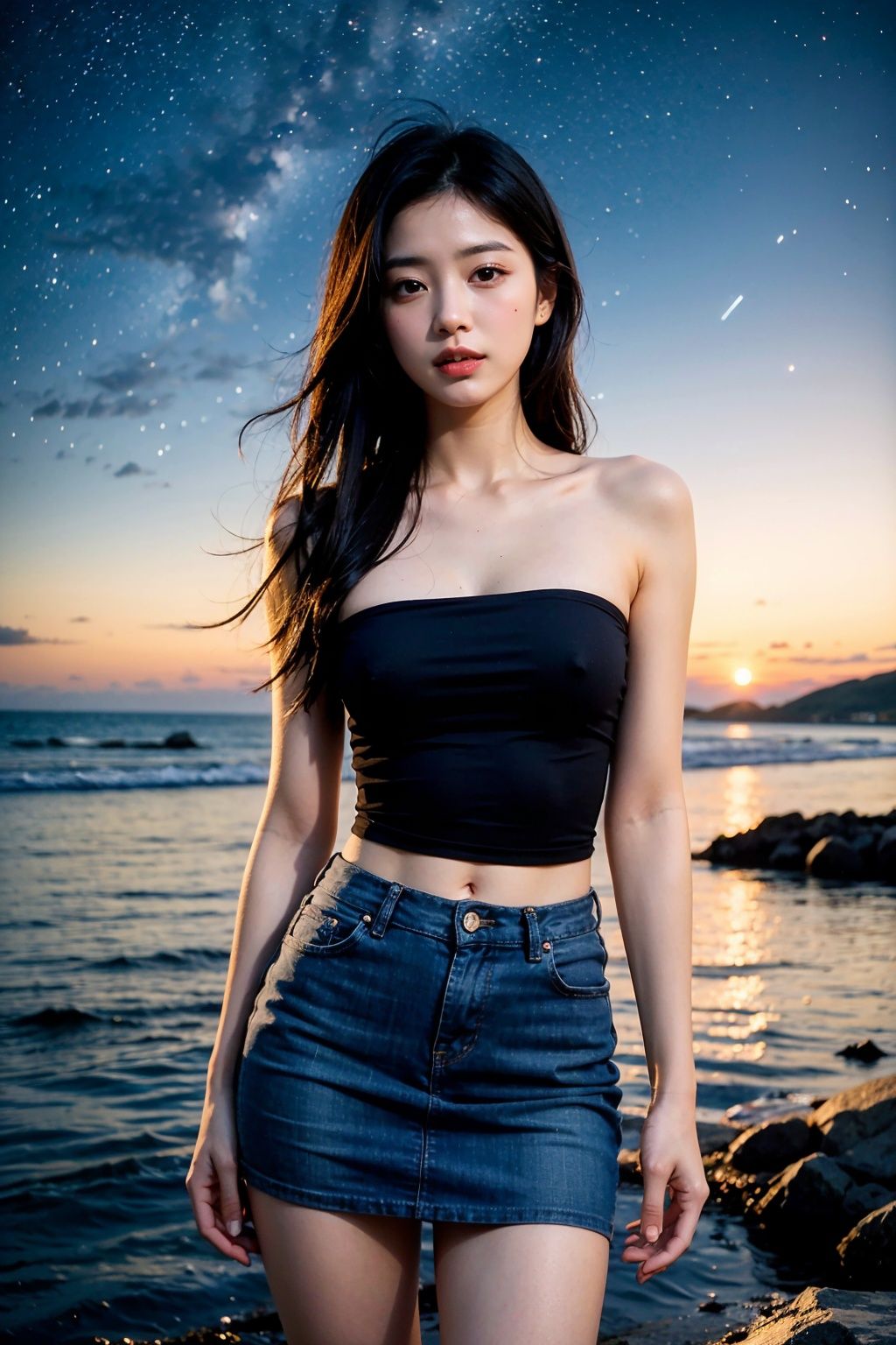 Black long hair,  beautiful woman,  standing by the sea,  starry sky,  night,  strapless,  T-shirt,  miniskirt