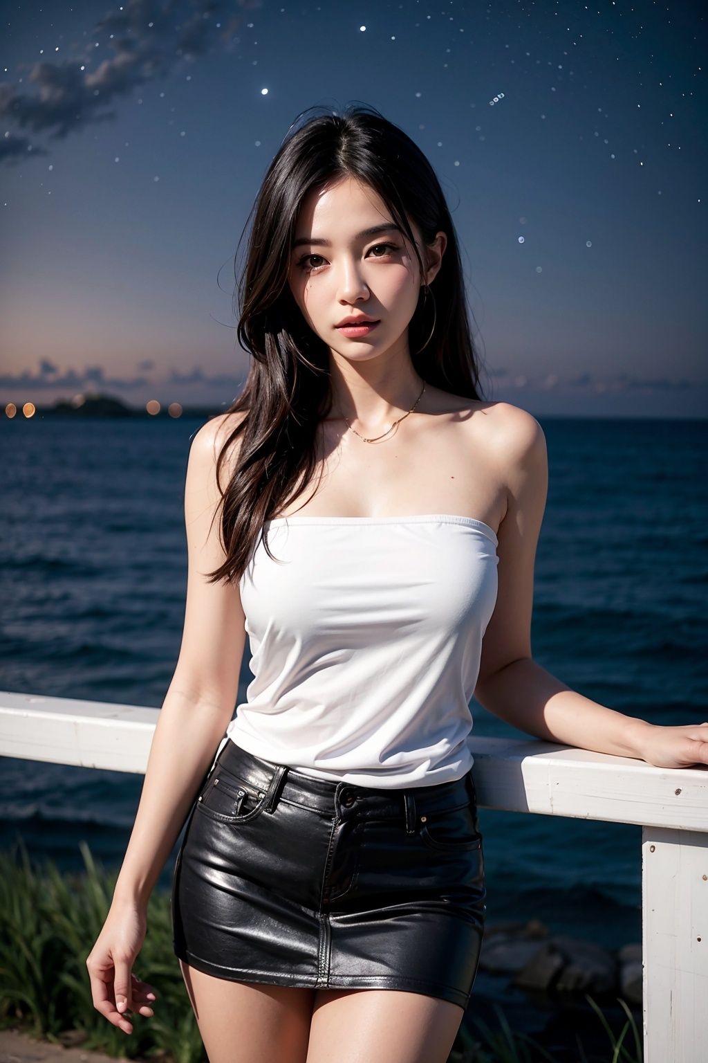 Black long hair,  beautiful woman,  standing by the sea,  starry sky,  night,  strapless,  T-shirt,  miniskirt