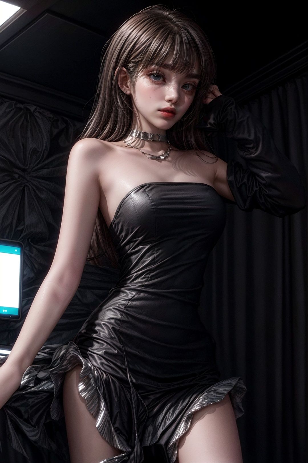 WXFZ007, 1girl, argenteous, black dress, (argenteous flounce), dress, solo, strapless dress, looking at screen,