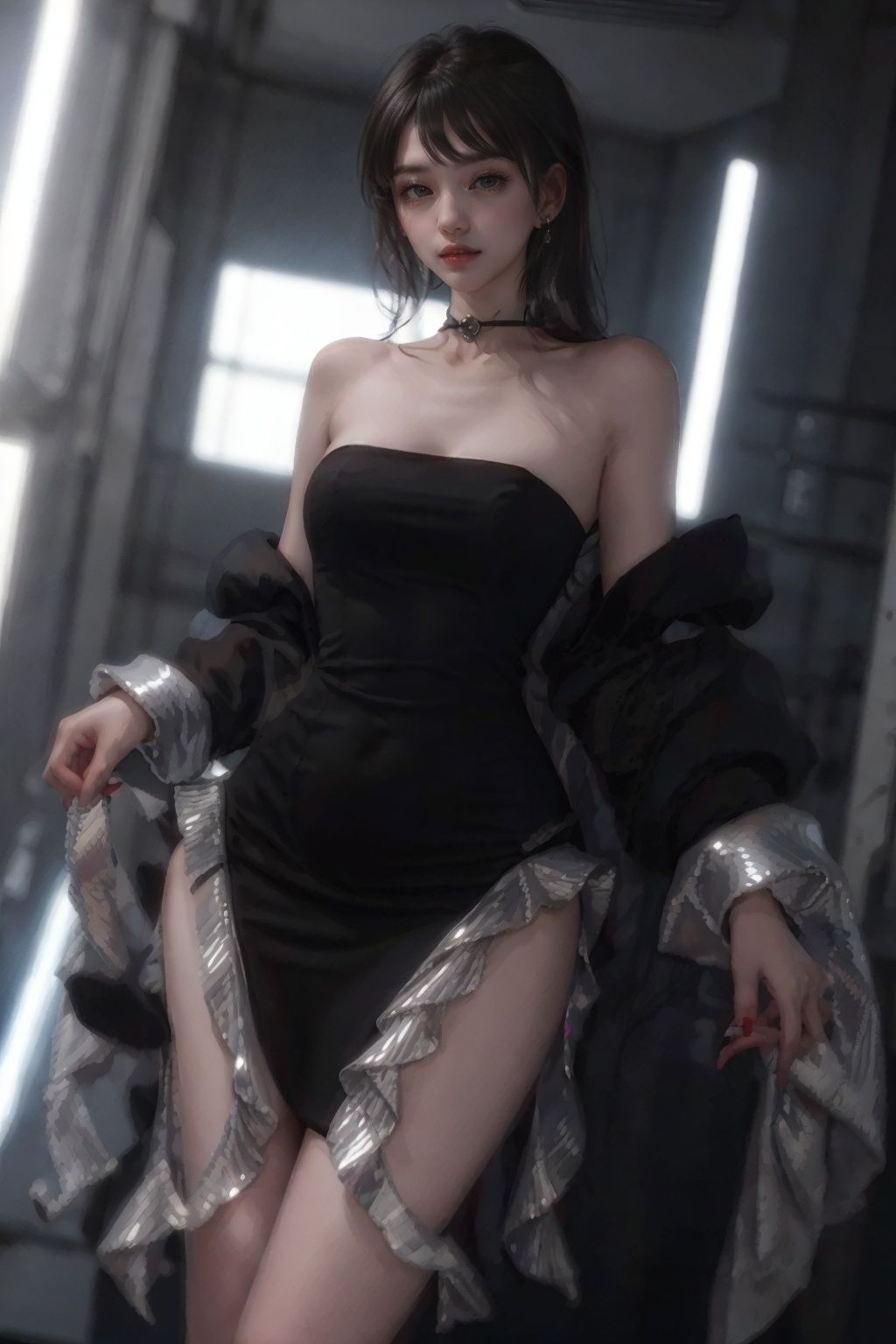 WXFZ007,  1girl, argenteous, black dress, (argenteous flounce), dress, solo, strapless dress, looking at screen, 
