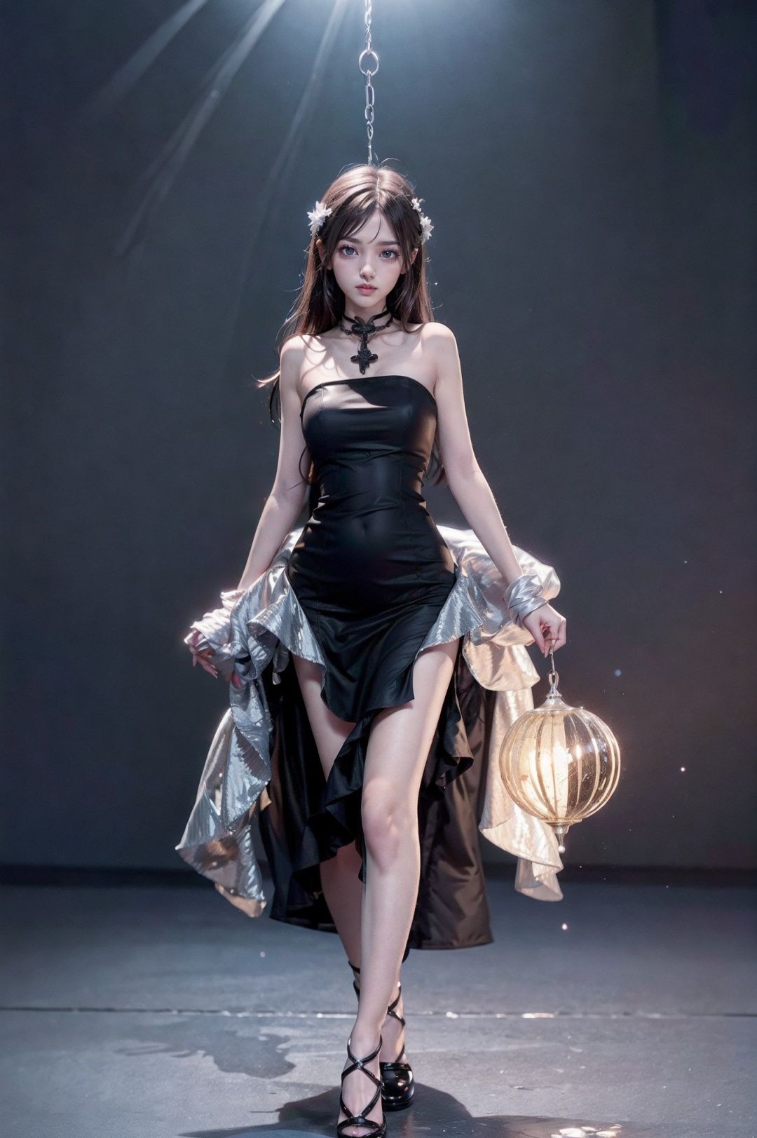 WXFZ007, 1girl, argenteous, (black dress), ((argenteous flounce)), dress, solo, strapless dress, looking at screen,Random position, falbala, (full body), (white Pendulum),hand